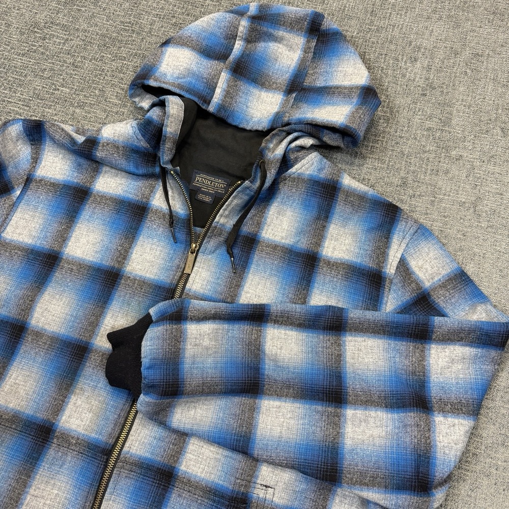 Pendleton Wool Jacket Men's XXL Blue Plaid Full Zip Hooded Flannel Coat